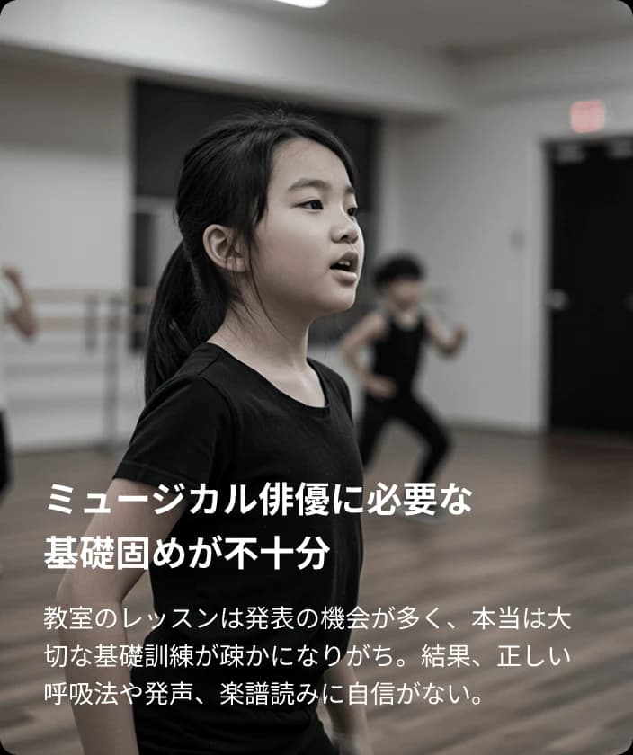 ミュージカル俳優に必要な基礎固めが不十分。教室のレッスンは発表の機会が多く、本当は大切な基礎訓練が疎かになりがち。結果、正しい呼吸法や発声、楽譜読みに自信がない