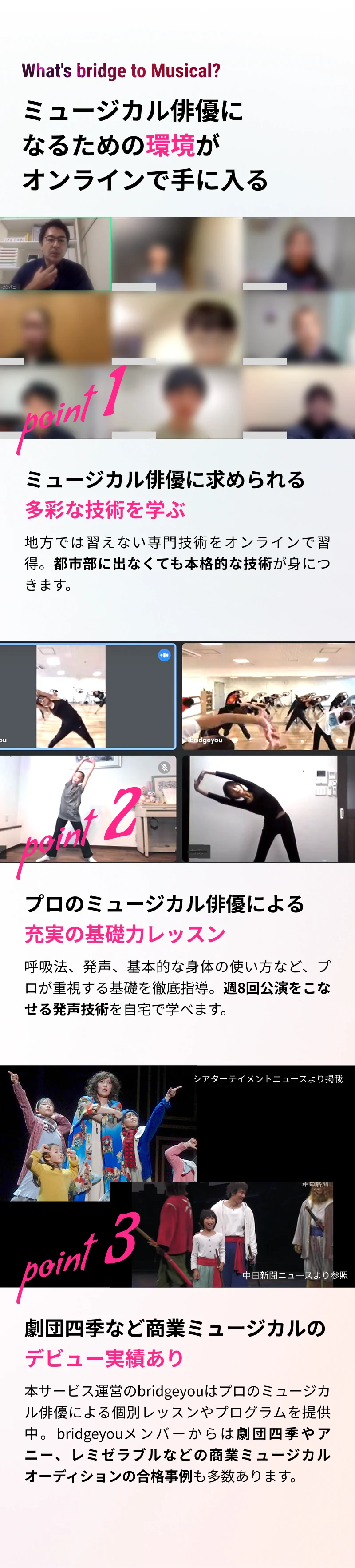 ミュージカル俳優になるための環境がオンラインで手に入る。多彩な技術、充実の基礎力レッスン、劇団四季など商業ミュージカルのデビュー実績